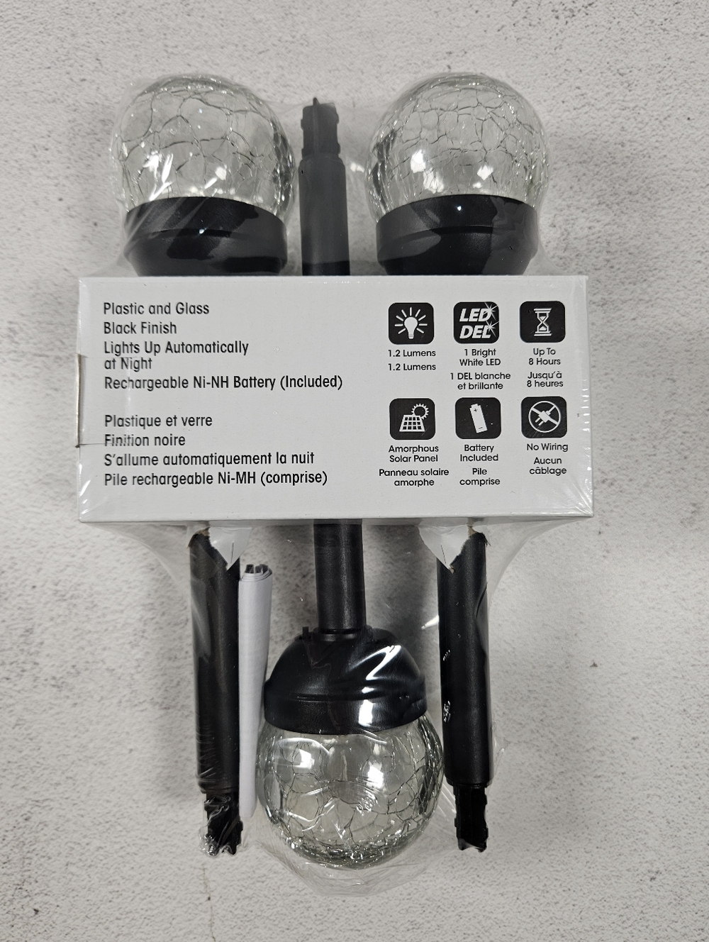 NEW 3 Fusion Solar LED Pathway Lights, Black Finish, Crackle Glass Ball 13" High - Picture 2 of 4